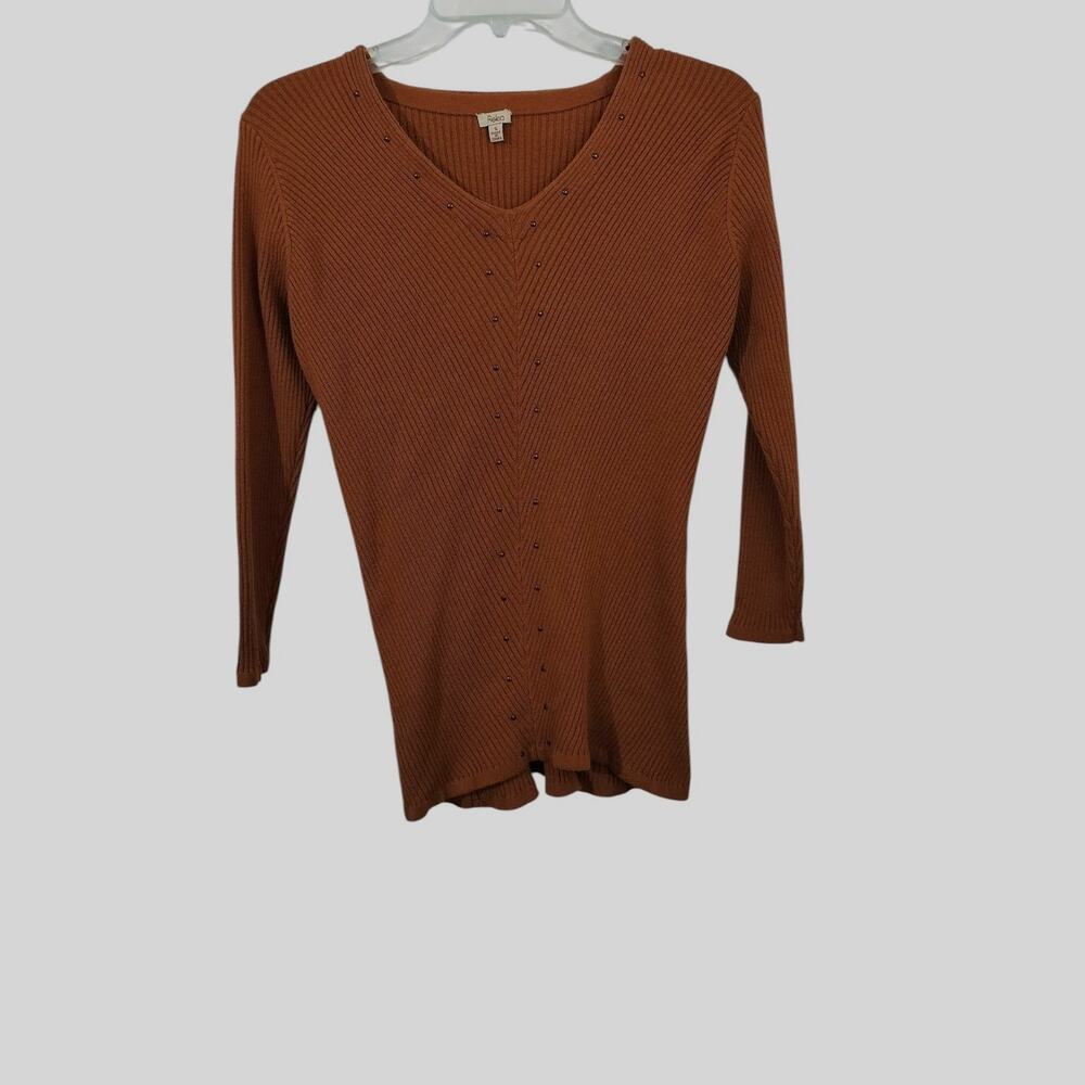 4114) Reba Brown Knit Ribbed 3/4 Sleeve V Neck Studded Sweatshirt Small